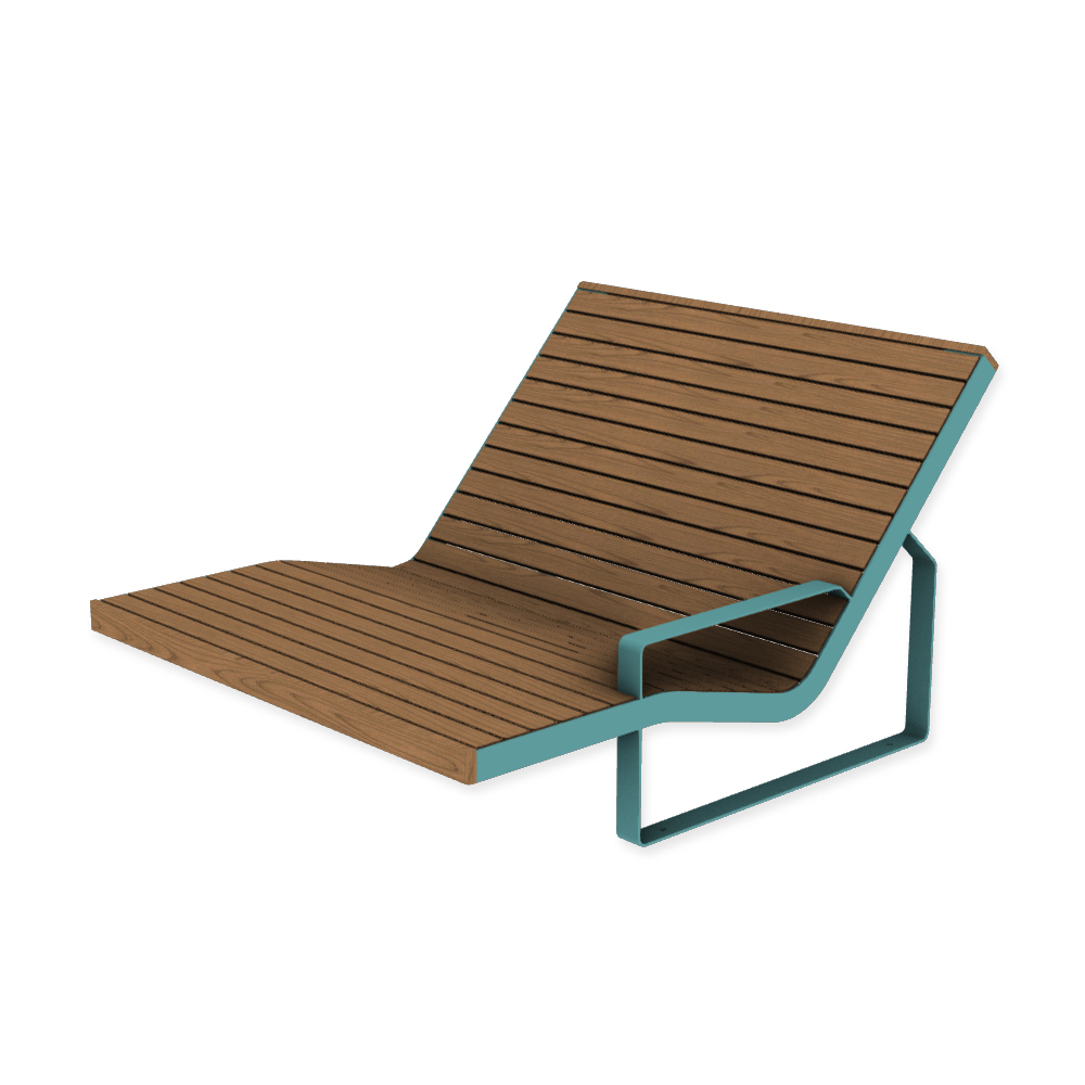 Die Abb. zeigt den EGOÉ Doppel-Liegestuhl I1 mit Armlehne links (aus liegender Position) in Pastellblau (RAL 5024) mit Jatoba Natur.