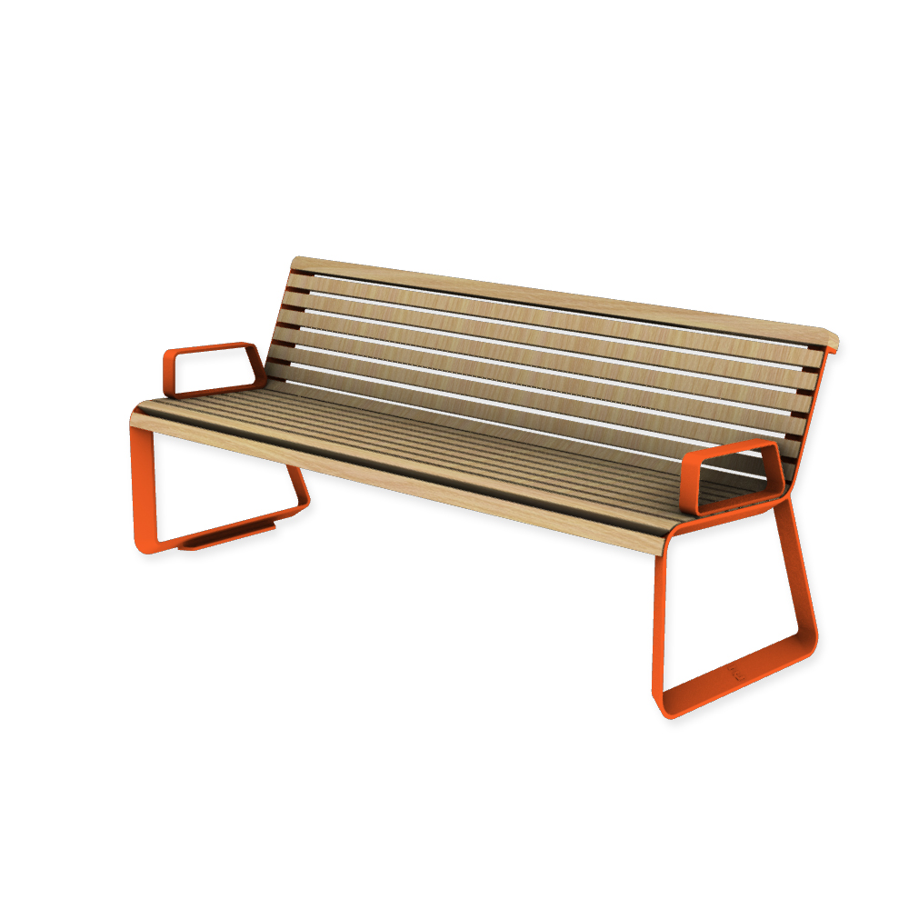 Die Abb. zeigt die EGOÉ Bank I2 profiliertes Aluminiumgestell mit Armlehnen in Hellrotorange (RAL 2008) mit Robinie Natur.