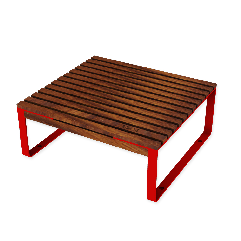 Die Abb. zeigt den EGOÉ Outdoor Lounge-Tisch I1 in Verkehrsrot (RAL 3020) mit Thermoesche geölt.