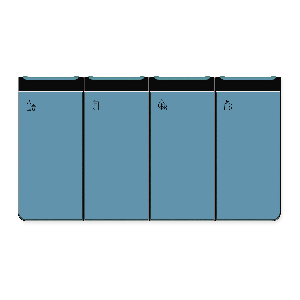 Die Abb. zeigt den EGOÉ Recycling Abfallbehälter I20 - 4x45 Liter mit Piktogrammen, Farbe Rahmen Tiefschwarz (RAL 9005) und Farbe Korpus Pastellblau (RAL 5024).