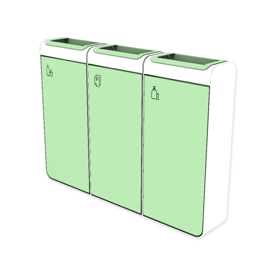 Die Abb. zeigt den EGOÉ Recycling Abfallbehälter I20 - 3x45 Liter mit Piktogrammen,  Farbe Rahmen Reinweiß (RAL 9010) und Farbe Korpus Weißgrün (RAL 6019).