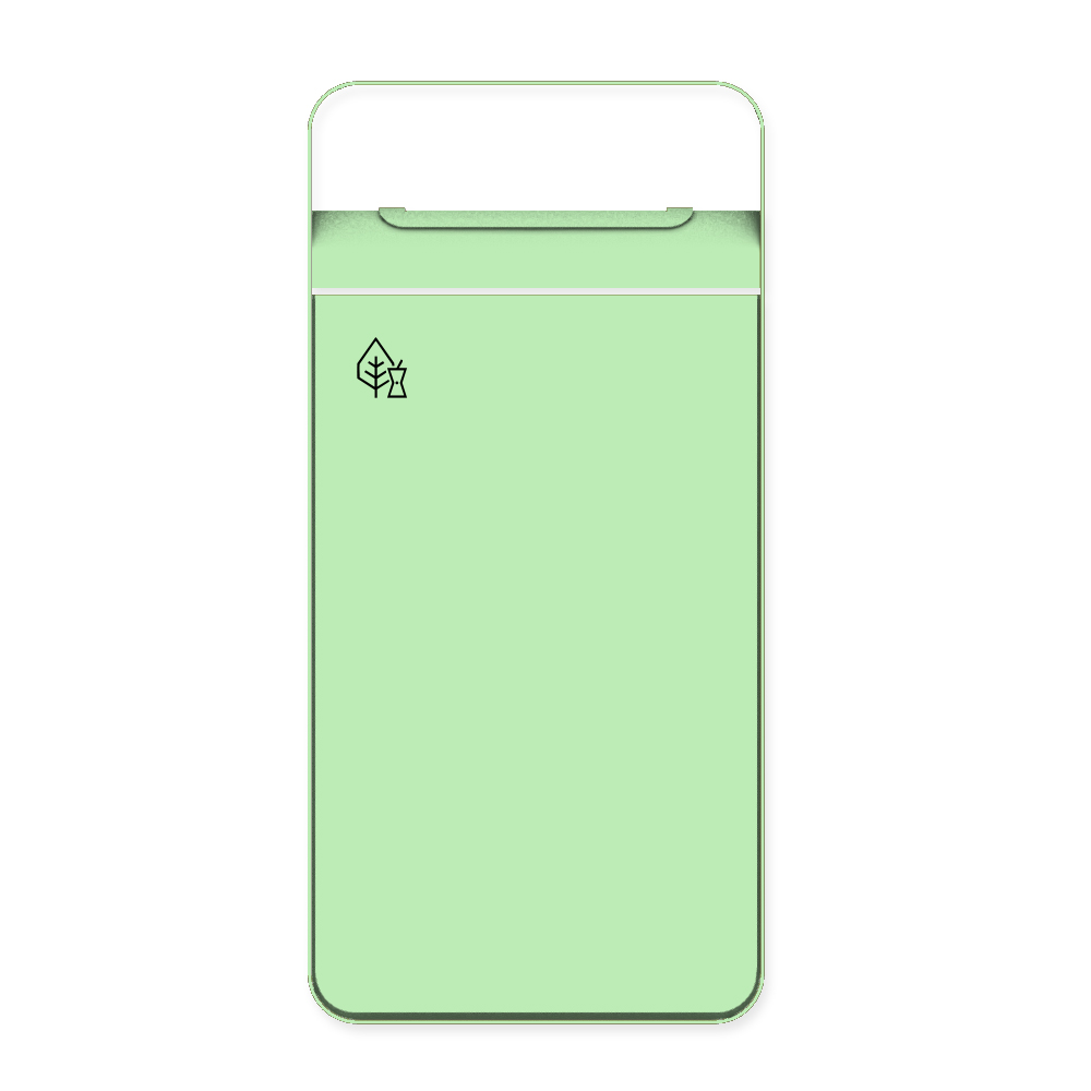 Die Abb. zeigt die Vorderseite des EGOÉ Abfallbehälters I20 mit Piktogramm Biomüll, Dach - 60 Liter mit Piktogramm Biomüll, Farbe Rahmen Weißgrün (RAL 6019) und Farbe Korpus Weißgrün (RAL 6019).