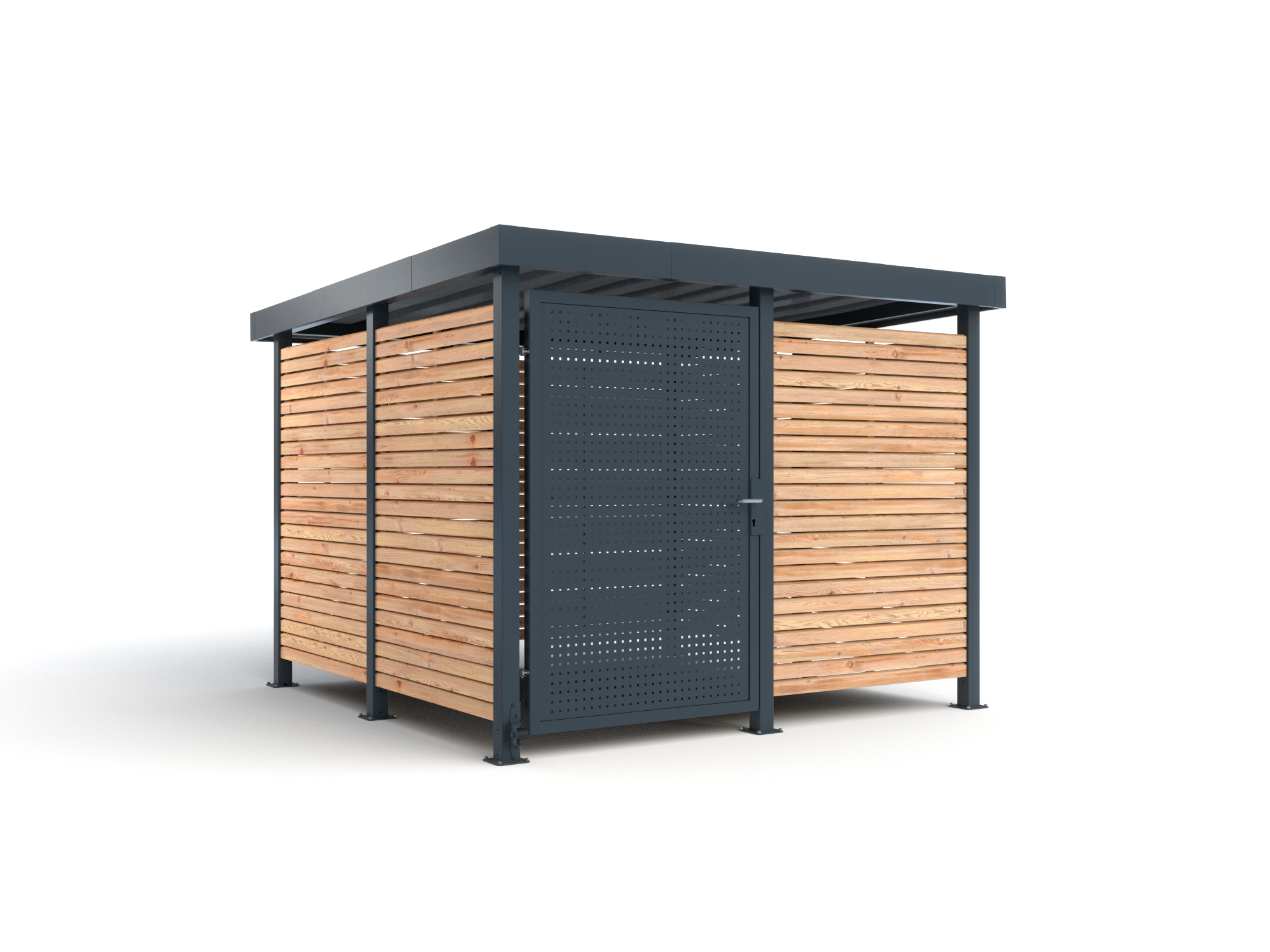 Die Abb. zeigt das RESORTI Fahrradhaus M2 mit Holzverkleidung und mit Tür mit Lochblechverkleidung.