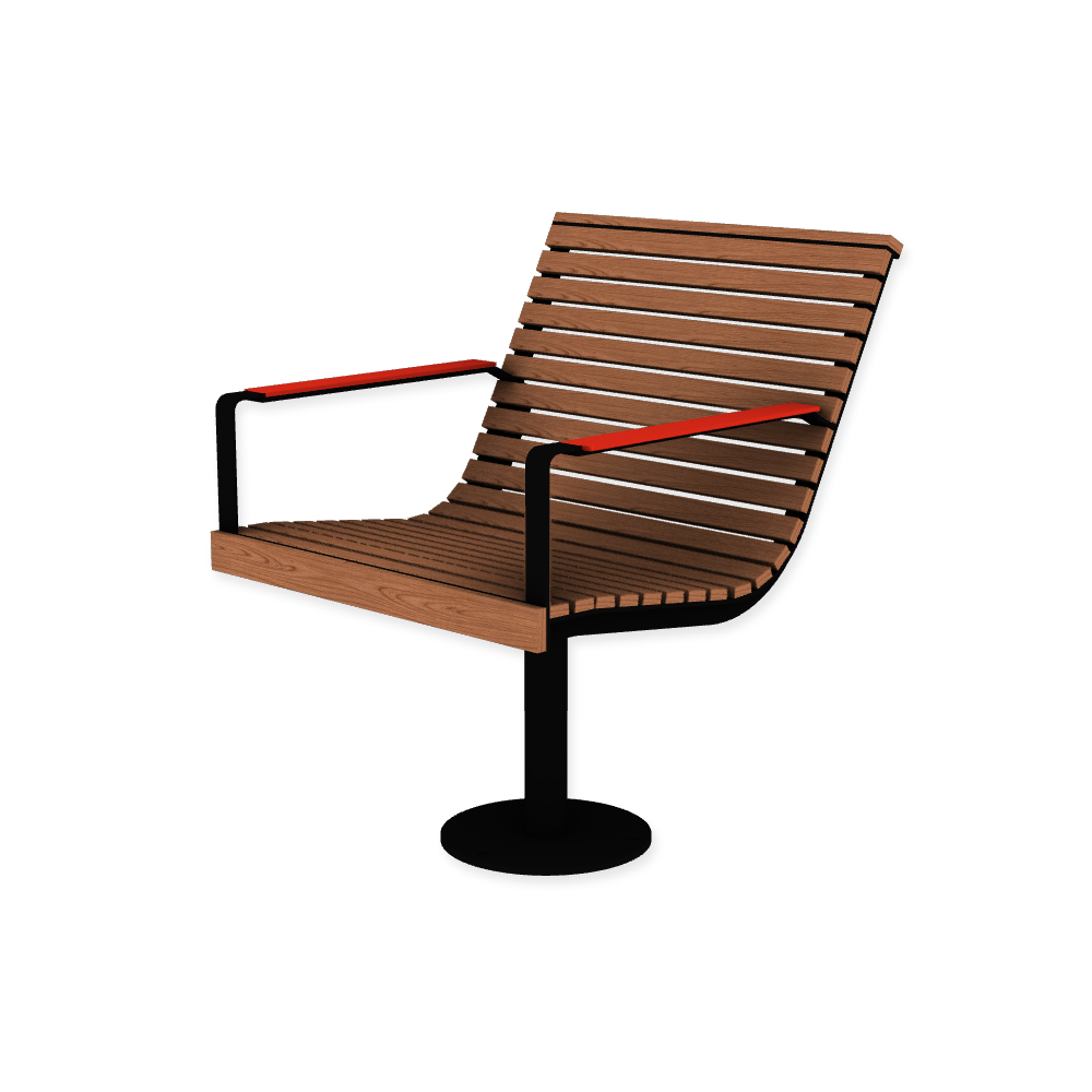 Die Abb. zeigt den EGOÉ Stuhl I1 auf einem Bein zum Aufschrauben in Tiefschwarz (RAL 9005) mit HPL-Besatz Armlehnen in Rot (NT 0689) und Jatoba geölt.