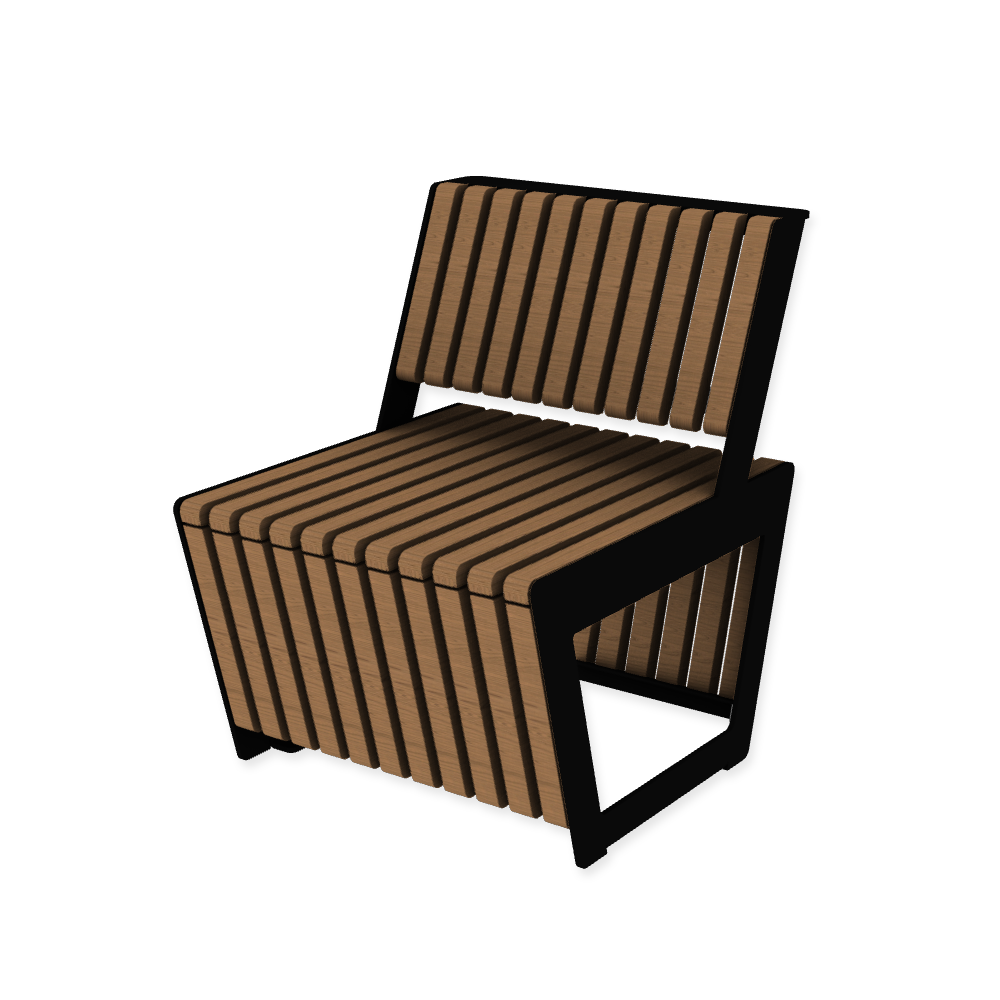 Die Abb. zeigt den modularen Stuhl A4 mit schmalen Holzleisten in Tiefschwarz (RAL 9005) mit Jatoba Natur.