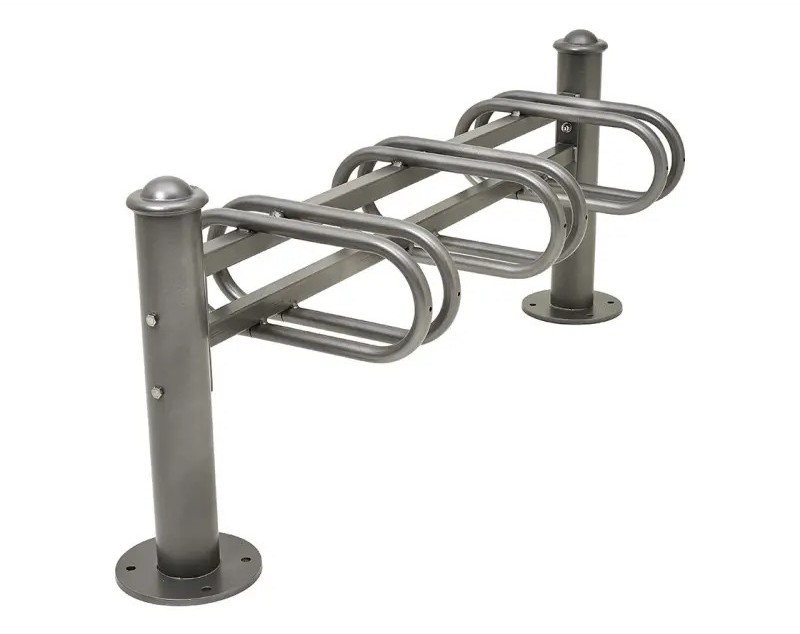 Die Abb. zeigt den Fahrradständer Province mit Ringkopf, 3 einseitigen Stellplätzen in Resorti-Grau.