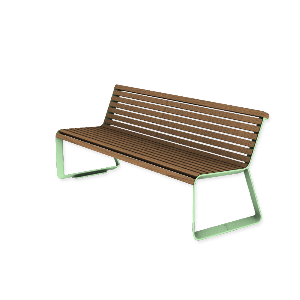 Die Abb. zeigt die EGOÉ Bank I2 profiliertes Aluminiumgestell in Weißgrün (RAL 6019) mit Jatoba Natur.