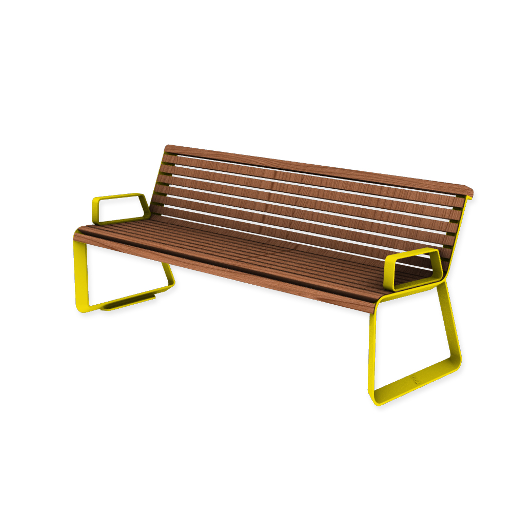 Die Abb. zeigt die EGOÉ Bank I2 profiliertes Aluminiumgestell mit Armlehnen in Rapsgelb (RAL 1021) mit Jatoba geölt.