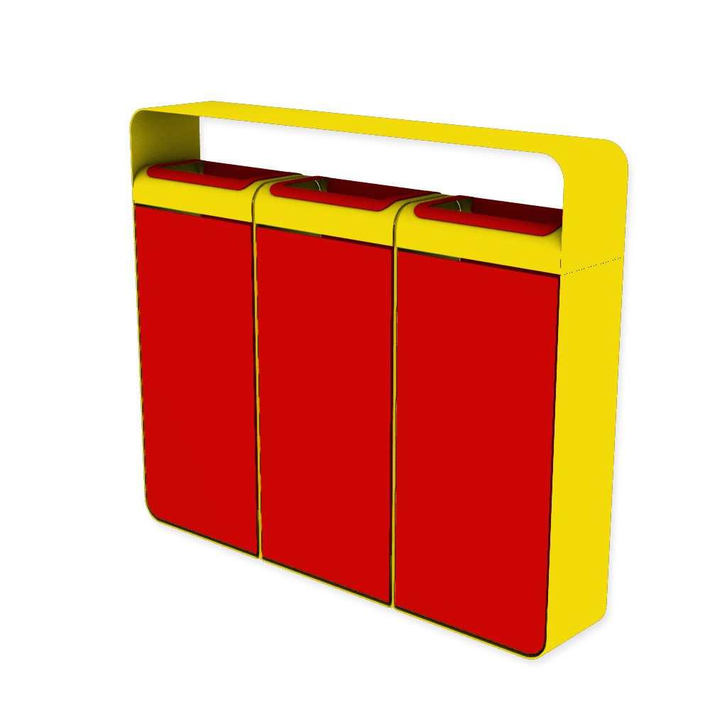 Die Abb. zeigt den EGOÉ Recycling Abfallbehälter I20 mit Dach - 3x45 Liter mit Farbe Rahmen Rapsgelb (RAL 1021) und Farbe Korpus Verkehrsrot (RAL 3020).