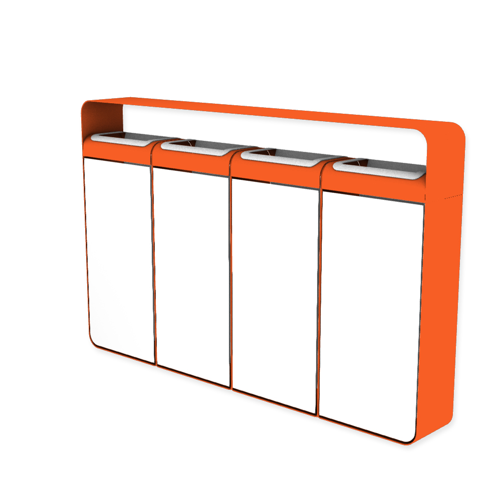 Die Abb. zeigt den EGOÉ Recycling Abfallbehälter I20 mit Dach - 4x45 Liter mit Farbe Rahmen Hellrotorange (RAL 2008) und Farbe Korpus Reinweiß (RAL 9010).