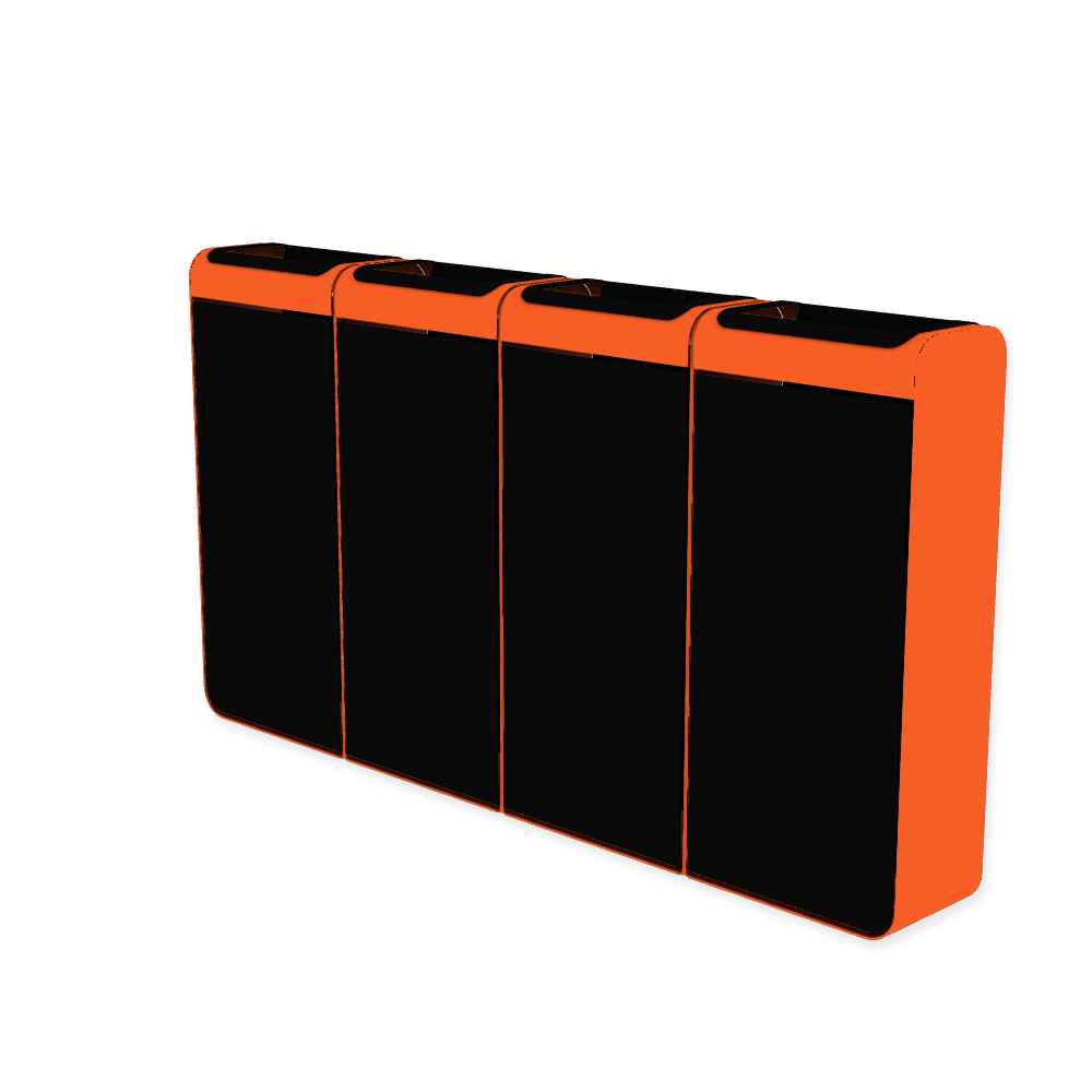 Die Abb. zeigt den EGOÉ Recycling Abfallbehälter I20 - 4x45 Liter mit Farbe Rahmen Hellrotorange (RAL 2008) und Farbe Korpus Tiefschwarz (RAL 9005).