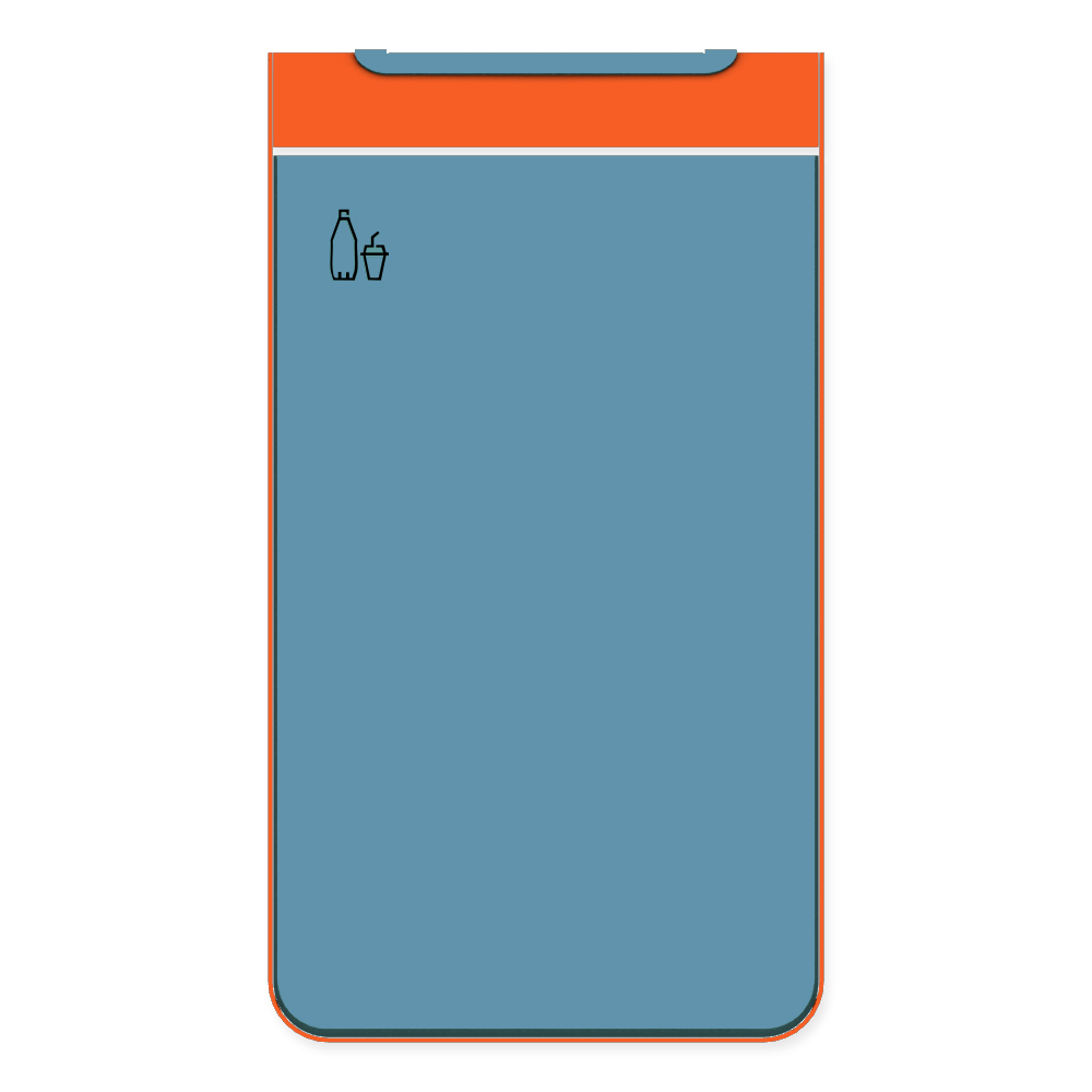 Die Abb. zeigt die Vorderseite des EGOÉ Abfallbehälters I20 - 60 Liter mit Piktogramm Kunststoff, Farbe Rahmen Hellrotorange (RAL 2008) und Farbe Korpus Pastellblau (RAL 5024).