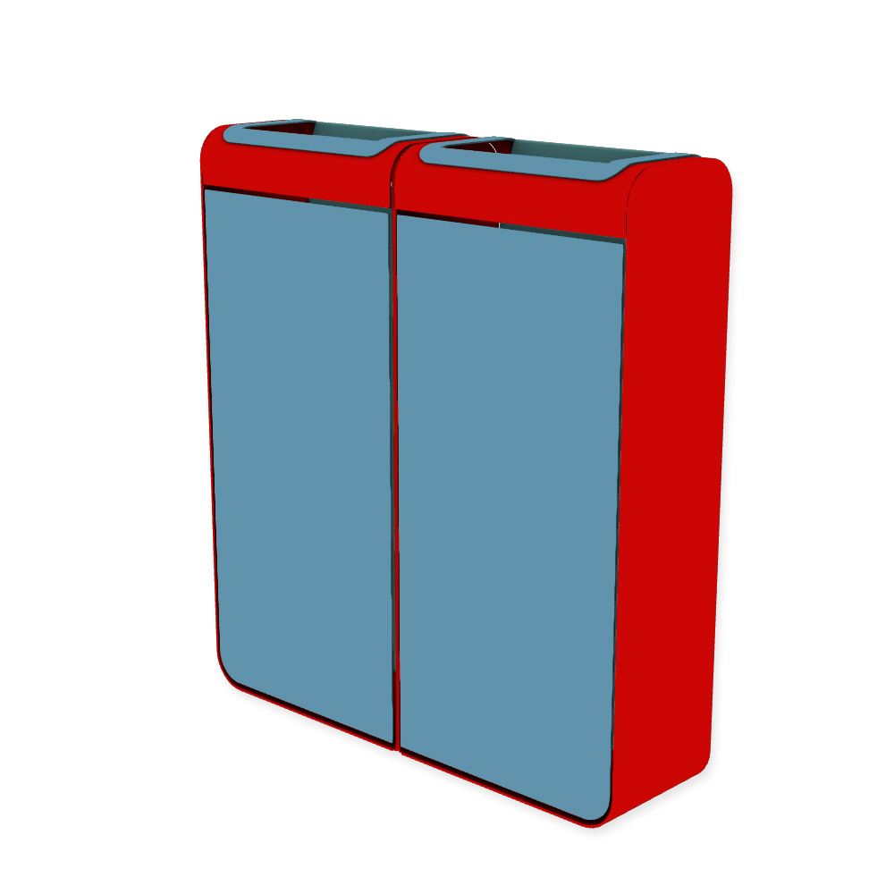 Die Abb. zeigt den EGOÉ Recycling Abfallbehälter I20 - 2x45 Liter mit Farbe Rahmen Verkehrsrot (RAL 3020) und Farbe Korpus Pastellblau (RAL 5024).