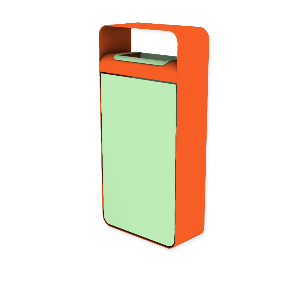 Die Abb. zeigt den EGOÉ Abfallbehälter I20 mit Dach - 60 Liter mit Farbe Rahmen Hellrotorange (RAL 2008) und Farbe Korpus Weißgrün (RAL 6019).