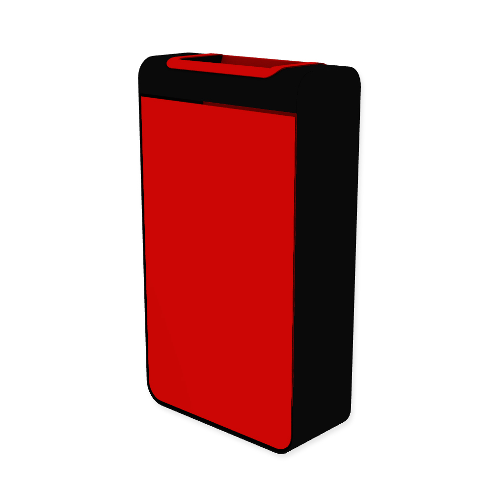 Die Abb. zeigt den EGOÉ Abfallbehälter I20 - 60 Liter mit Farbe Rahmen Tiefschwarz (RAL 9005) und Farbe Korpus Verkehrsrot (RAL 3020).