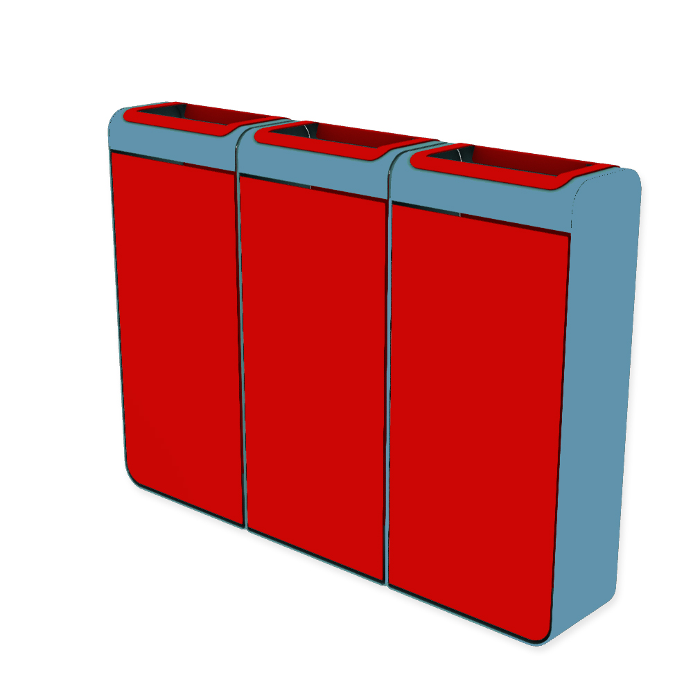Die Abb. zeigt den EGOÉ Recycling Abfallbehälter I20 - 3x45 Liter mit Farbe Rahmen Pastellblau (RAL 5024) und Farbe Korpus Verkehrsrot (RAL 3020).