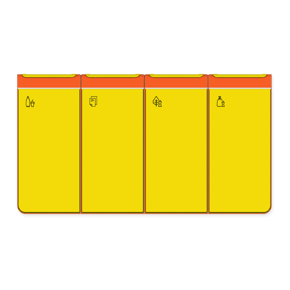 Die Abb. zeigt den EGOÉ Recycling Abfallbehälter I20 - 4x45 Liter mit Piktogrammen, Farbe Rahmen Hellrotorange (RAL 2008) und Farbe Korpus Rapsgelb (RAL 1021).