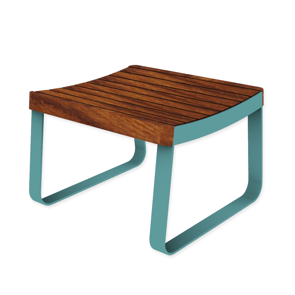Die Abb. zeigt den EGOÉ Hocker I1 in Pastellblau (RAL 5024) mit Thermoesche geölt.