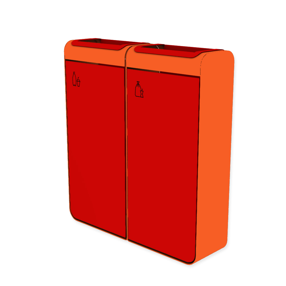 Die Abb. zeigt den EGOÉ Recycling Abfallbehälter I20 - 2x45 Liter mit Piktogrammen Kunststoff-Restmüll,  Farbe Rahmen Hellrotorange (RAL 2008) und Farbe Korpus Verkehrsrot (RAL 3020).