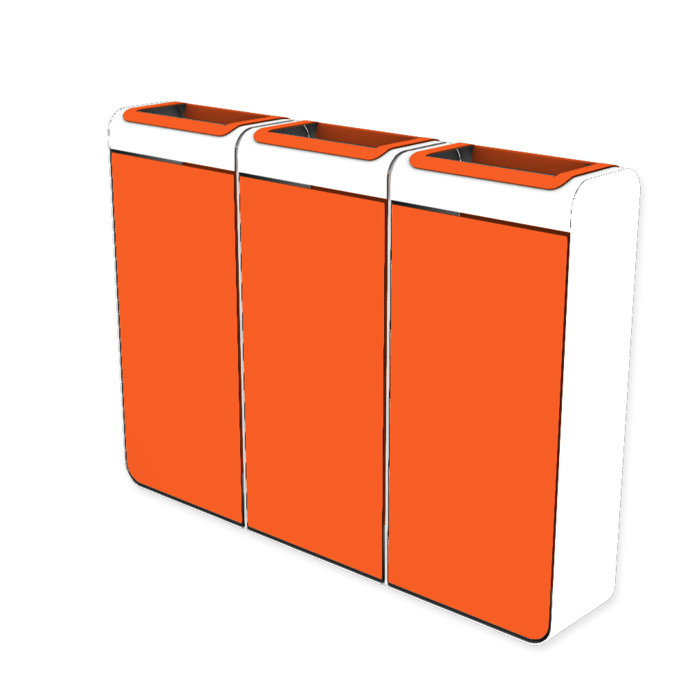 Die Abb. zeigt den EGOÉ Recycling Abfallbehälter I20 - 3x45 Liter mit Farbe Rahmen Reinweiß (RAL 9010) und Farbe Korpus Hellrotorange (RAL 2008).
