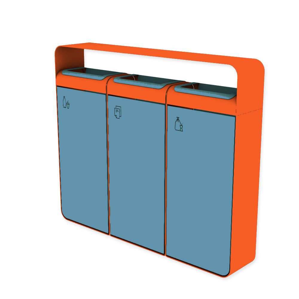 Die Abb. zeigt den EGOÉ Recycling Abfallbehälter I20 mit Piktogrammen,  Dach - 3x45 Liter mit Piktogrammen,  Farbe Rahmen Hellrotorange (RAL 2008) und Farbe Korpus Pastellblau (RAL 5024).