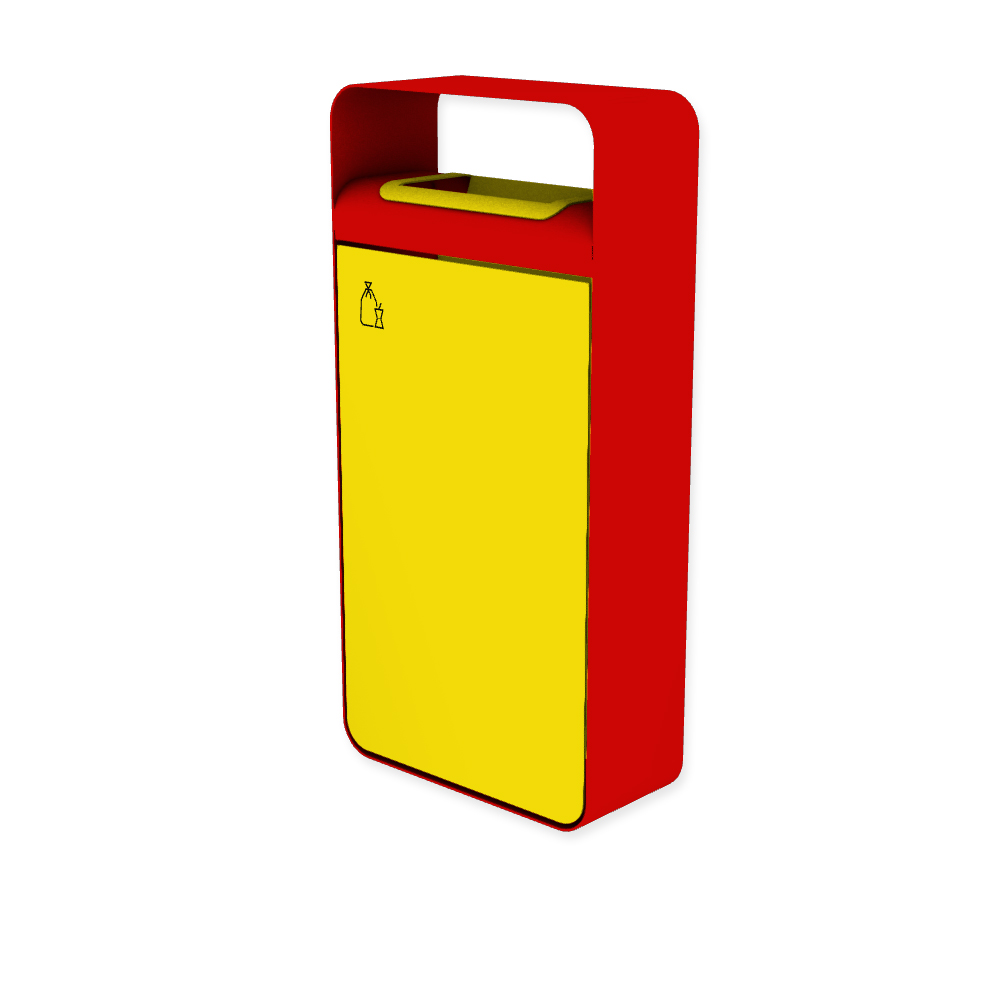 Die Abb. zeigt den EGOÉ Abfallbehälter I20 mit Piktogramm Restmüll, Dach - 60 Liter mit Piktogramm Restmüll, Farbe Rahmen Verkehrsrot (RAL 3020) und Farbe Korpus Rapsgelb (RAL 1021).