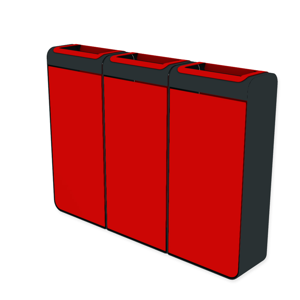 Die Abb. zeigt den EGOÉ Recycling Abfallbehälter I20 - 3x45 Liter mit Farbe Rahmen Anthrazitgrau (RAL 7016) und Farbe Korpus Verkehrsrot (RAL 3020).