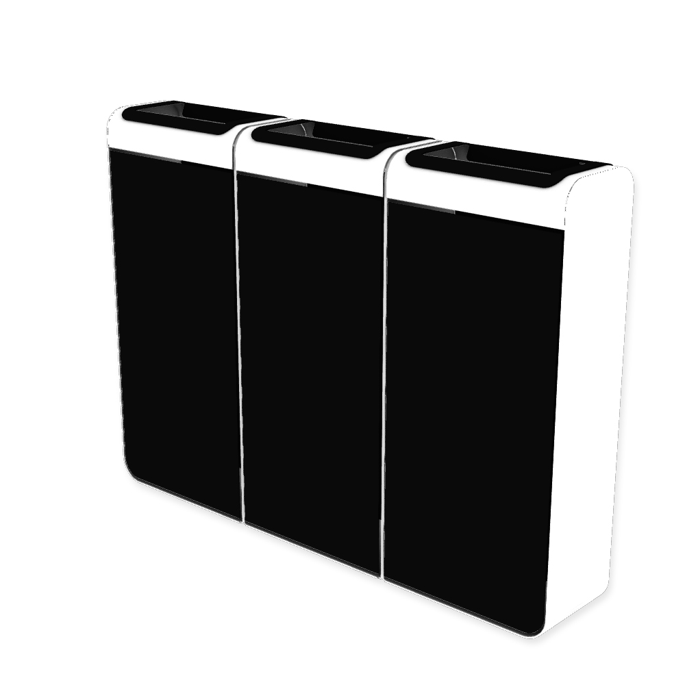 Die Abb. zeigt den EGOÉ Recycling Abfallbehälter I20 - 3x45 Liter mit Farbe Rahmen Reinweiß (RAL 9010) und Farbe Korpus Tiefschwarz (RAL 9005).