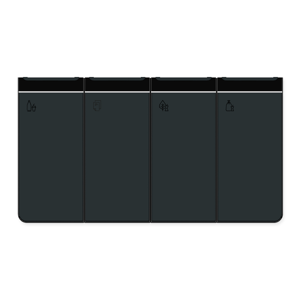 Die Abb. zeigt den EGOÉ Recycling Abfallbehälter I20 - 4x45 Liter mit Piktogrammen, Farbe Rahmen Tiefschwarz (RAL 9005) und Farbe Korpus Anthrazitgrau (RAL 7016).