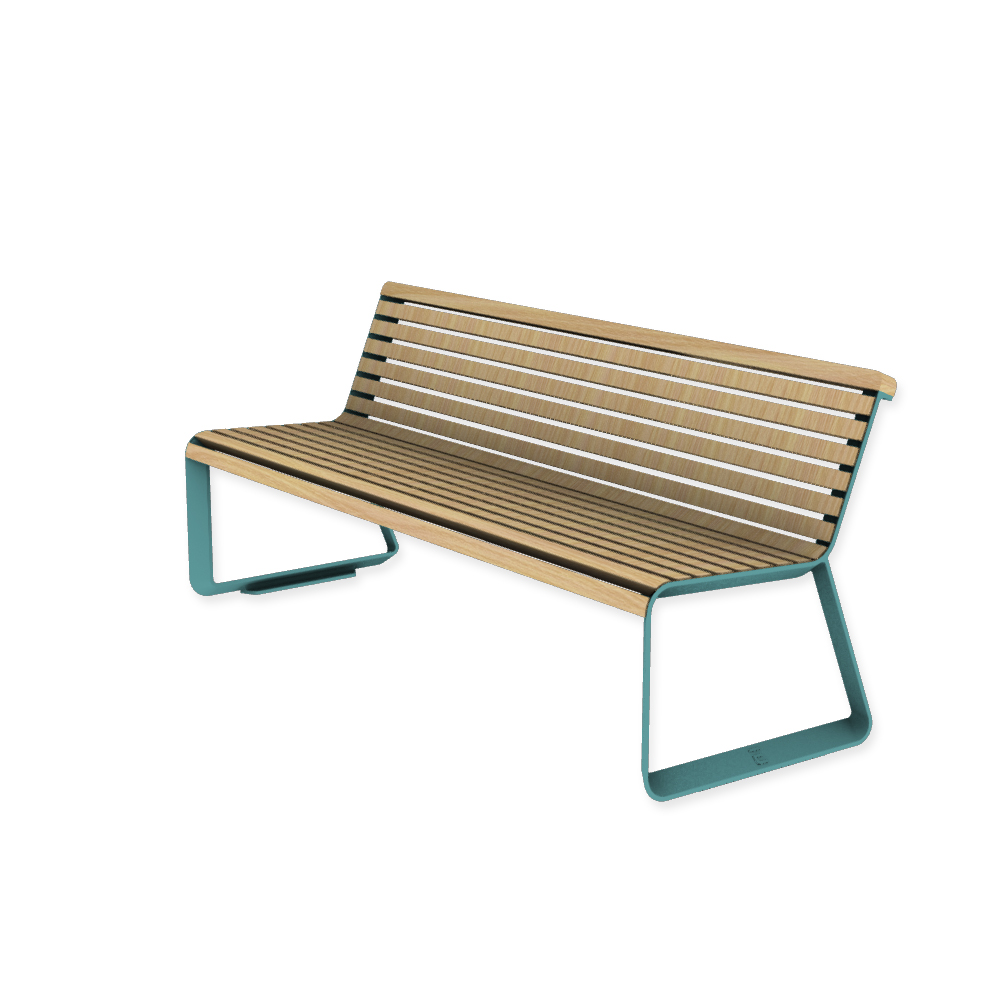Die Abb. zeigt die EGOÉ Bank I2 profiliertes Aluminiumgestell in Pastellblau (RAL 5024) mit Robinie Natur.