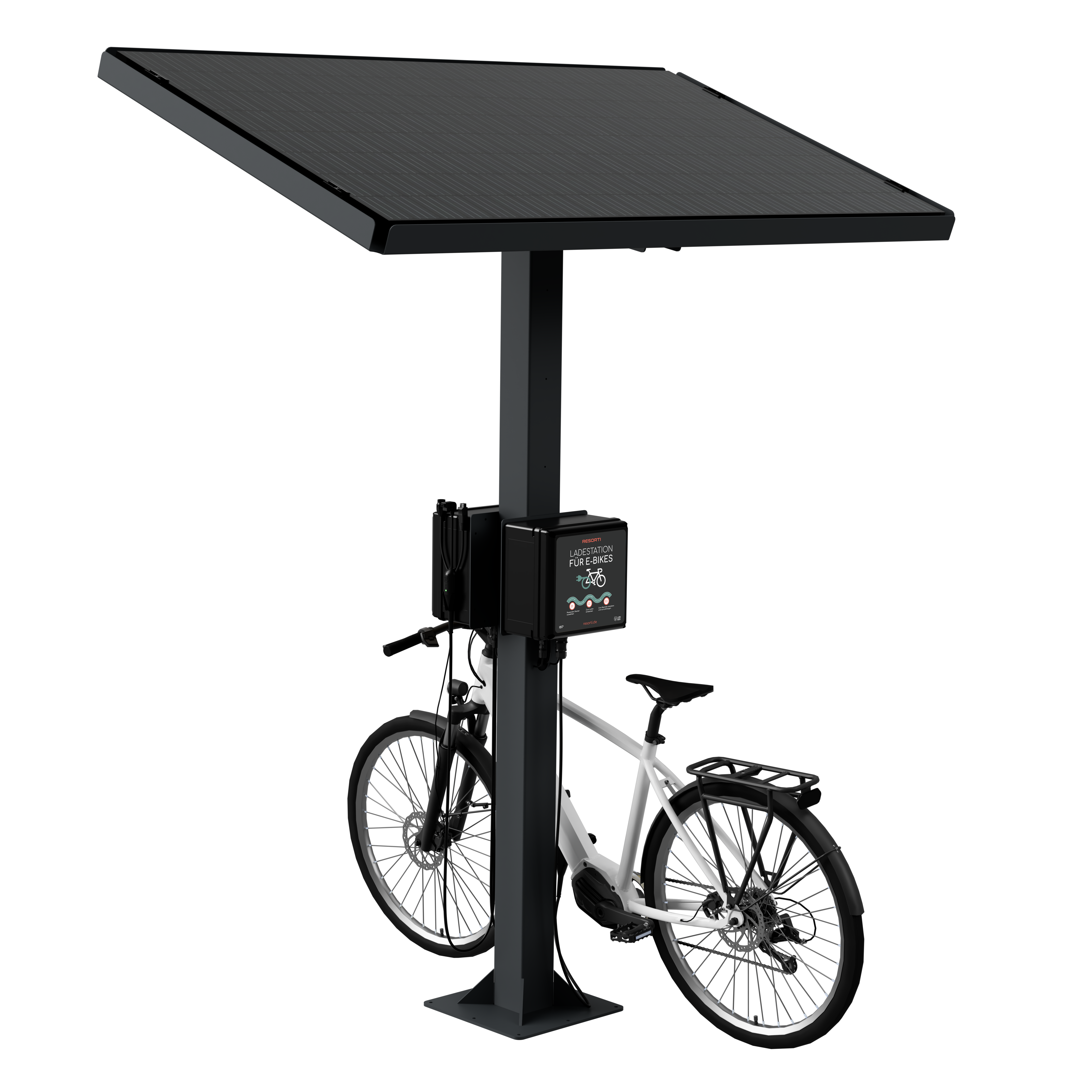 Die Abb. zeigt die RESORTI Stand Solar-E-Bike-Ladestation ohne Werbetafel (Seitenansicht, Bike nicht im Lieferumfang).