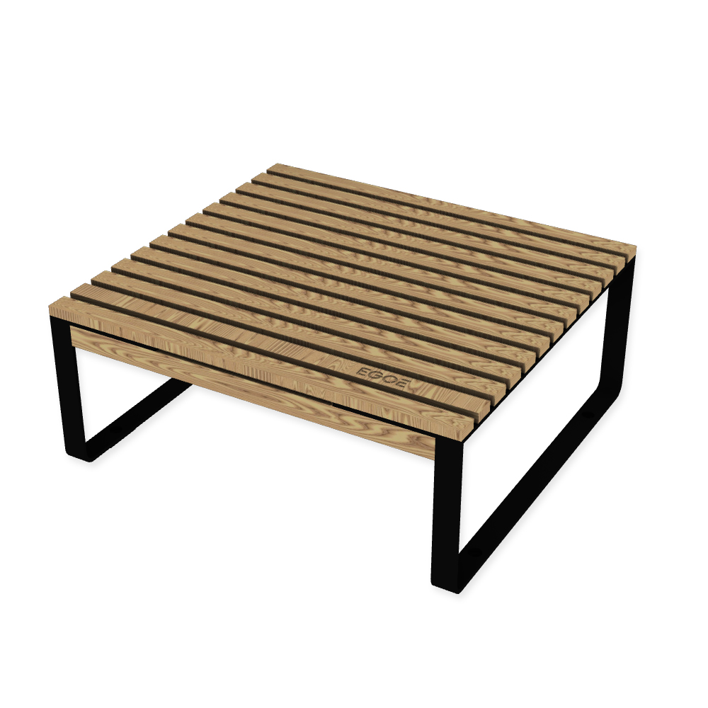 Die Abb. zeigt den EGOÉ Outdoor Lounge-Tisch I1 in Tiefschwarz (RAL 9005) mit Thermoesche Natur.