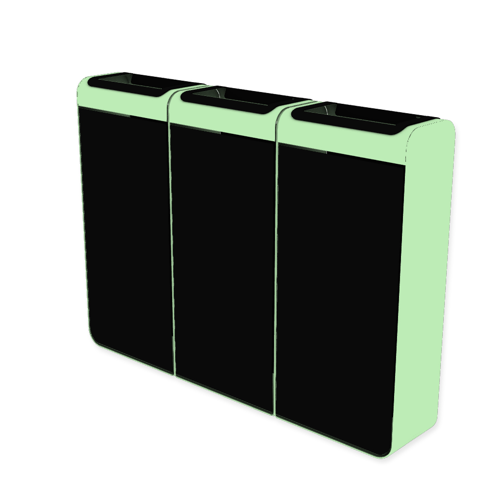 Die Abb. zeigt den EGOÉ Recycling Abfallbehälter I20 - 3x45 Liter mit Piktogrammen,  Farbe Rahmen Weißgrün (RAL 6019) und Farbe Korpus Tiefschwarz (RAL 9005).