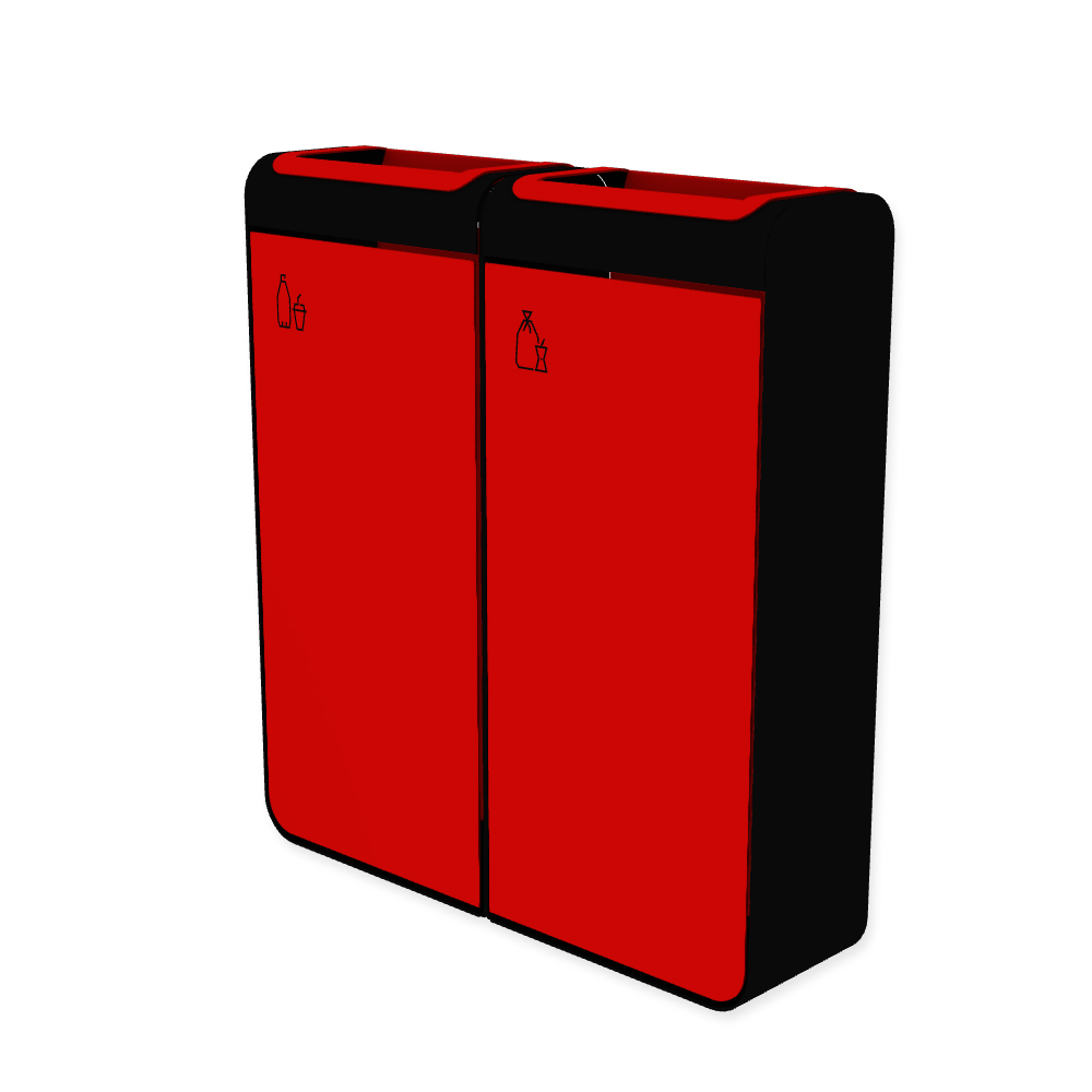 Die Abb. zeigt den EGOÉ Recycling Abfallbehälter I20 - 2x45 Liter mit Piktogrammen Kunststoff-Restmüll,  Farbe Rahmen Tiefschwarz (RAL 9005) und Farbe Korpus Verkehrsrot (RAL 3020).