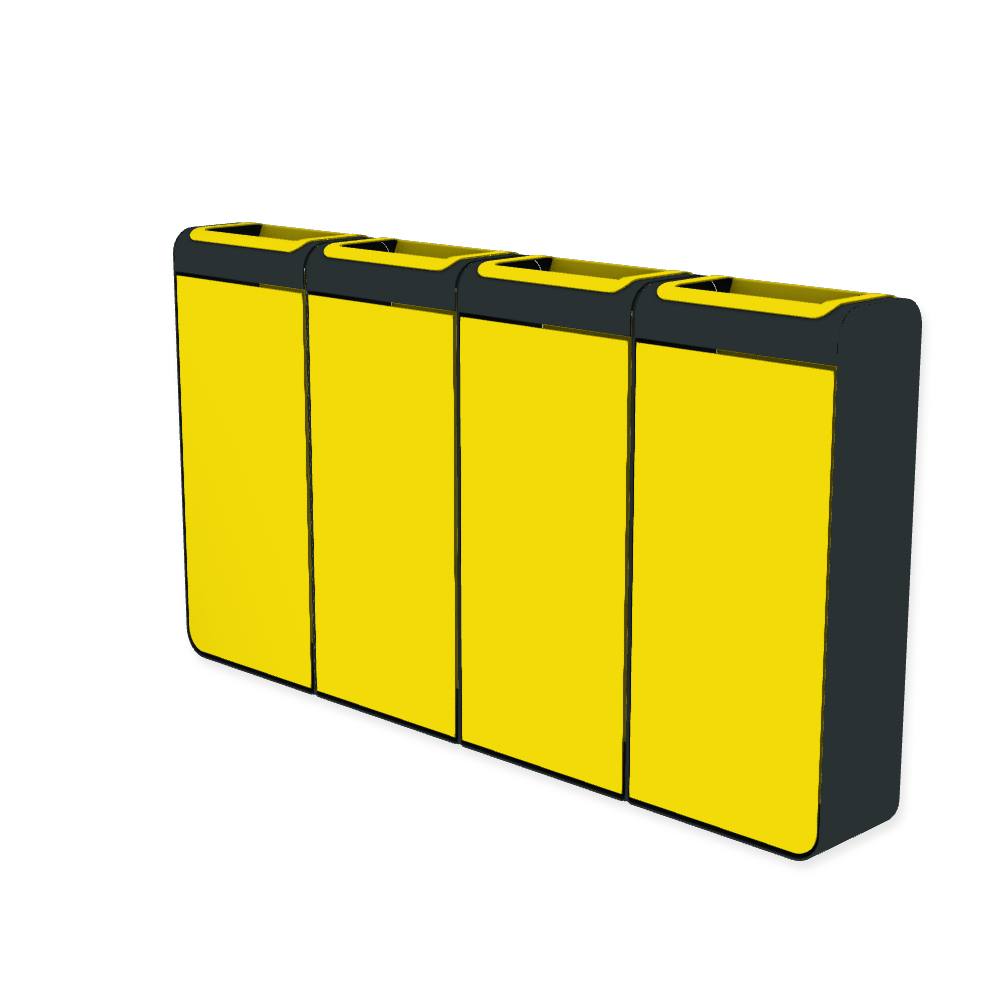 Die Abb. zeigt den EGOÉ Recycling Abfallbehälter I20 - 4x45 Liter mit Farbe Rahmen Anthrazitgrau (RAL 7016) und Farbe Korpus Rapsgelb (RAL 1021).