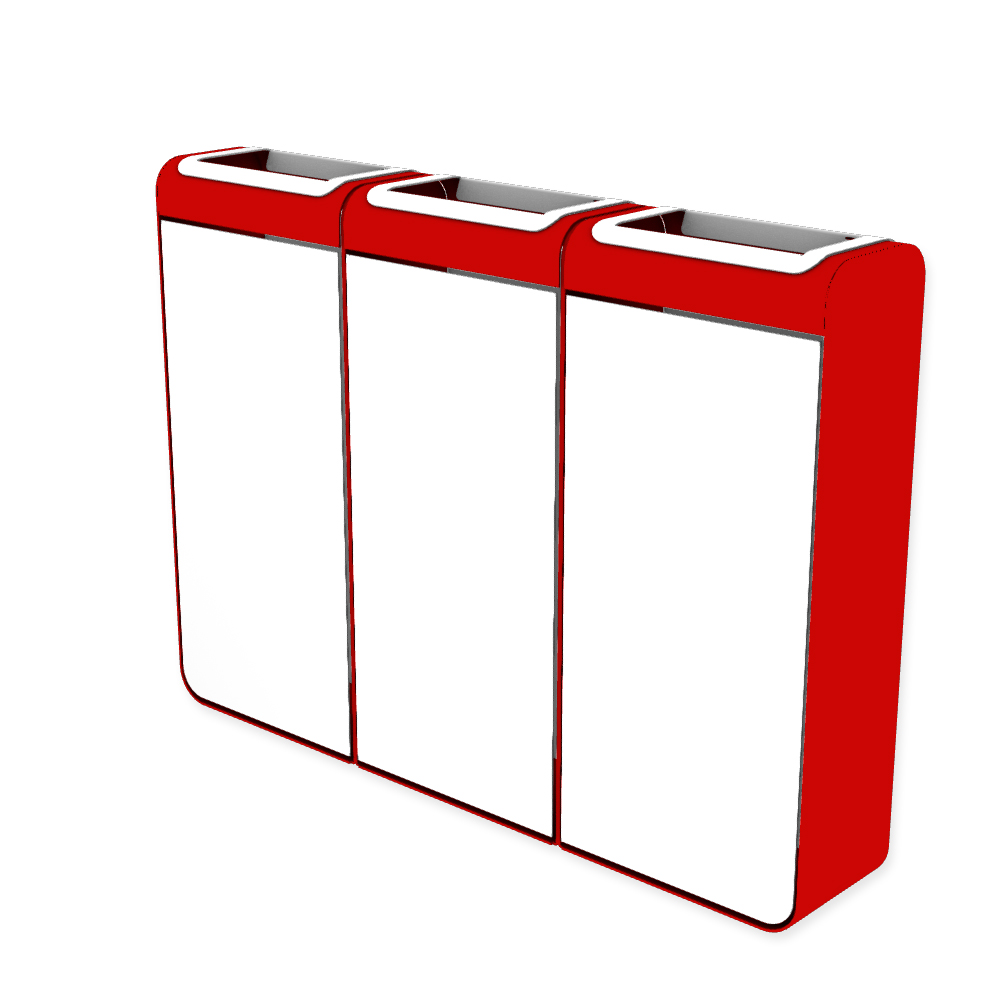 Die Abb. zeigt den EGOÉ Recycling Abfallbehälter I20 - 3x45 Liter mit Farbe Rahmen Verkehrsrot (RAL 3020) und Farbe Korpus Reinweiß (RAL 9010).