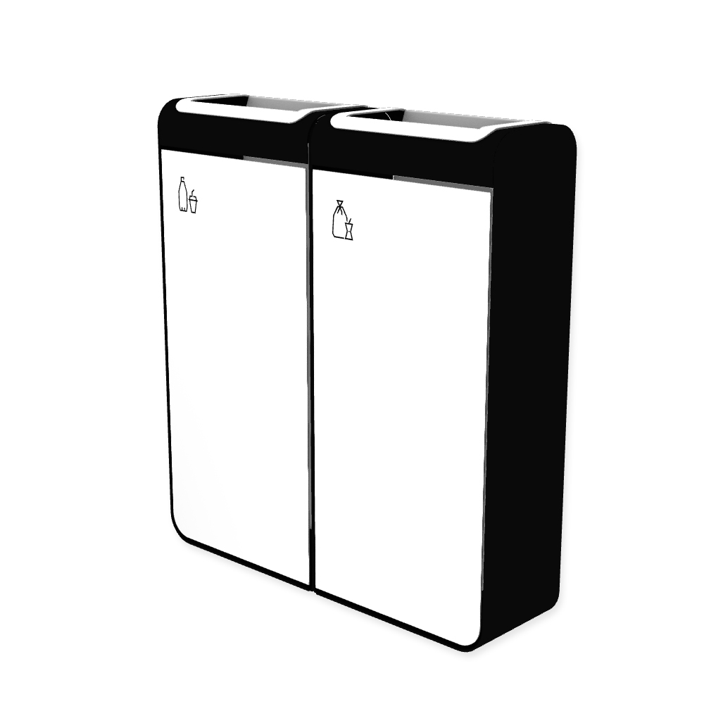 Die Abb. zeigt den EGOÉ Recycling Abfallbehälter I20 - 2x45 Liter mit Piktogrammen Kunststoff-Restmüll,  Farbe Rahmen Tiefschwarz (RAL 9005) und Farbe Korpus Reinweiß (RAL 9010).