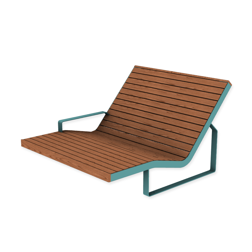 Die Abb. zeigt den EGOÉ Doppel-Liegestuhl I1 mit Armlehne rechts (aus liegender Position) in Pastellblau (RAL 5024) mit Jatoba geölt.
