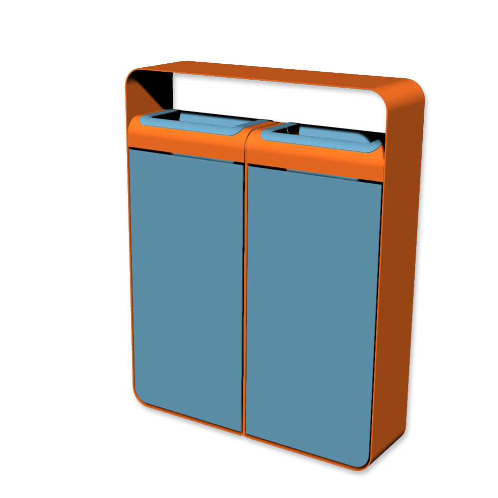 Die Abb. zeigt den Abfallbehälter I20 ohne Piktogramme, mit Farbe Rahmen Hellrotorange (RAL 2008) und Farbe Korpus Pastellblau (RAL 5024).
