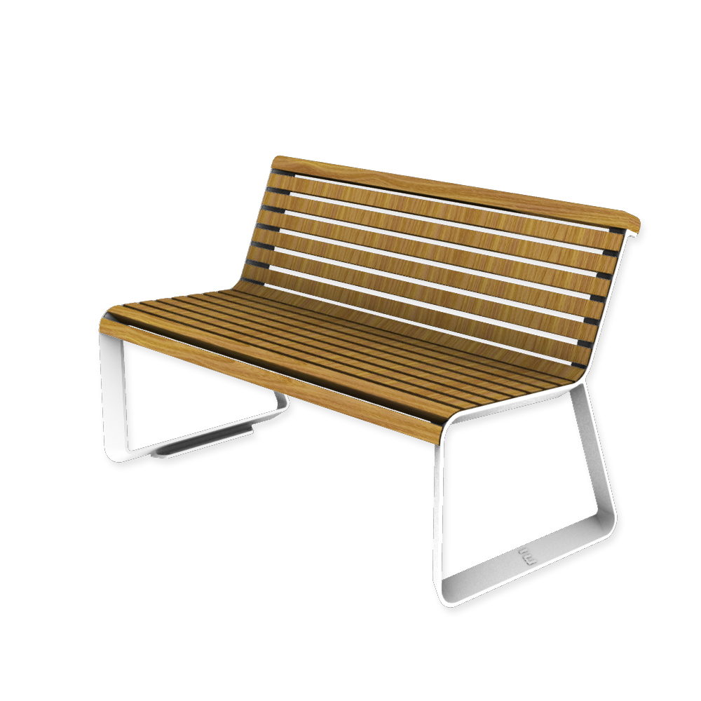 Die Abb. zeigt die EGOÉ Bank I2 profiliertes Aluminiumgestell in Reinweiß (RAL 9010) mit Robinie geölt.