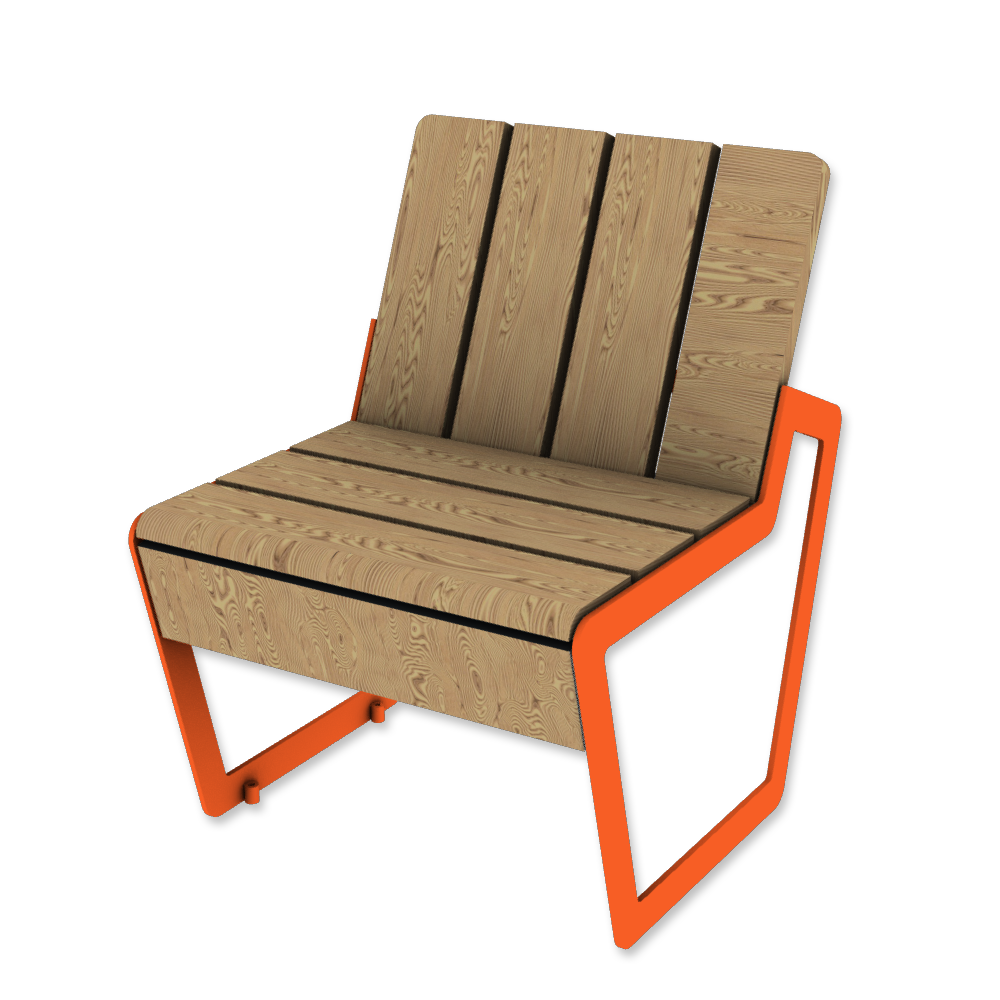 Die Abb. zeigt den Stuhl A5 aus Holz und Stahl, in Hellrotorange (RAL 2008) mit Thermoesche Natur.