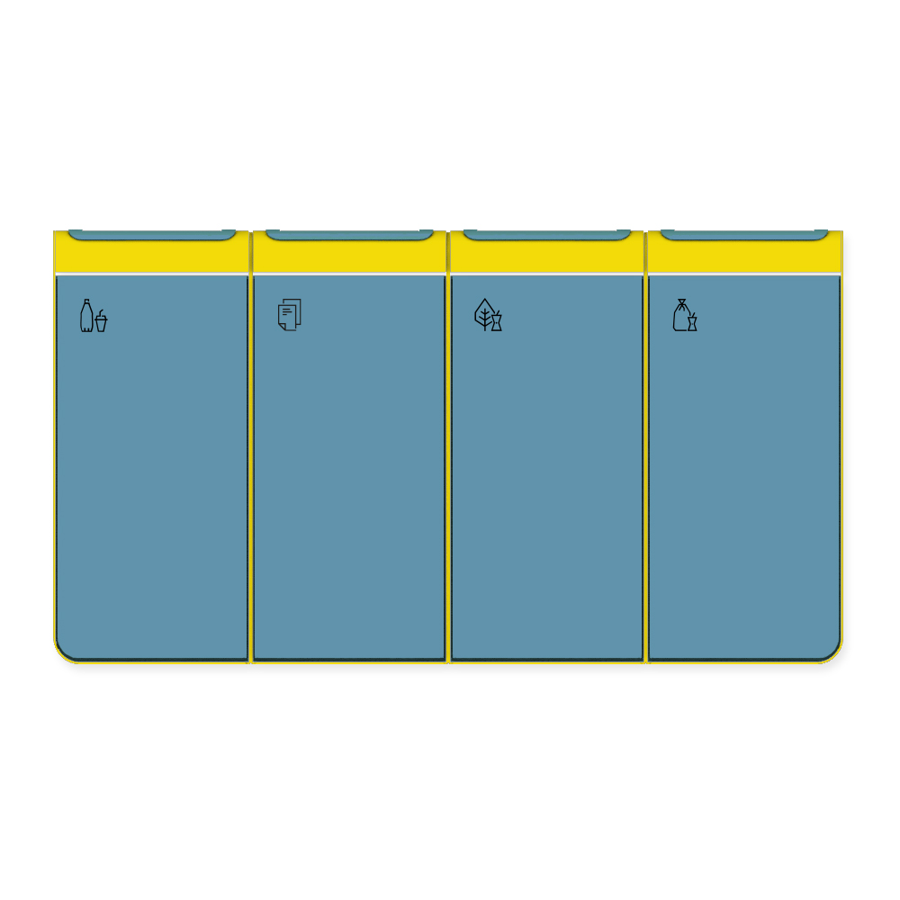 Die Abb. zeigt den EGOÉ Recycling Abfallbehälter I20 - 4x45 Liter mit Piktogrammen, Farbe Rahmen Rapsgelb (RAL 1021) und Farbe Korpus Pastellblau (RAL 5024).