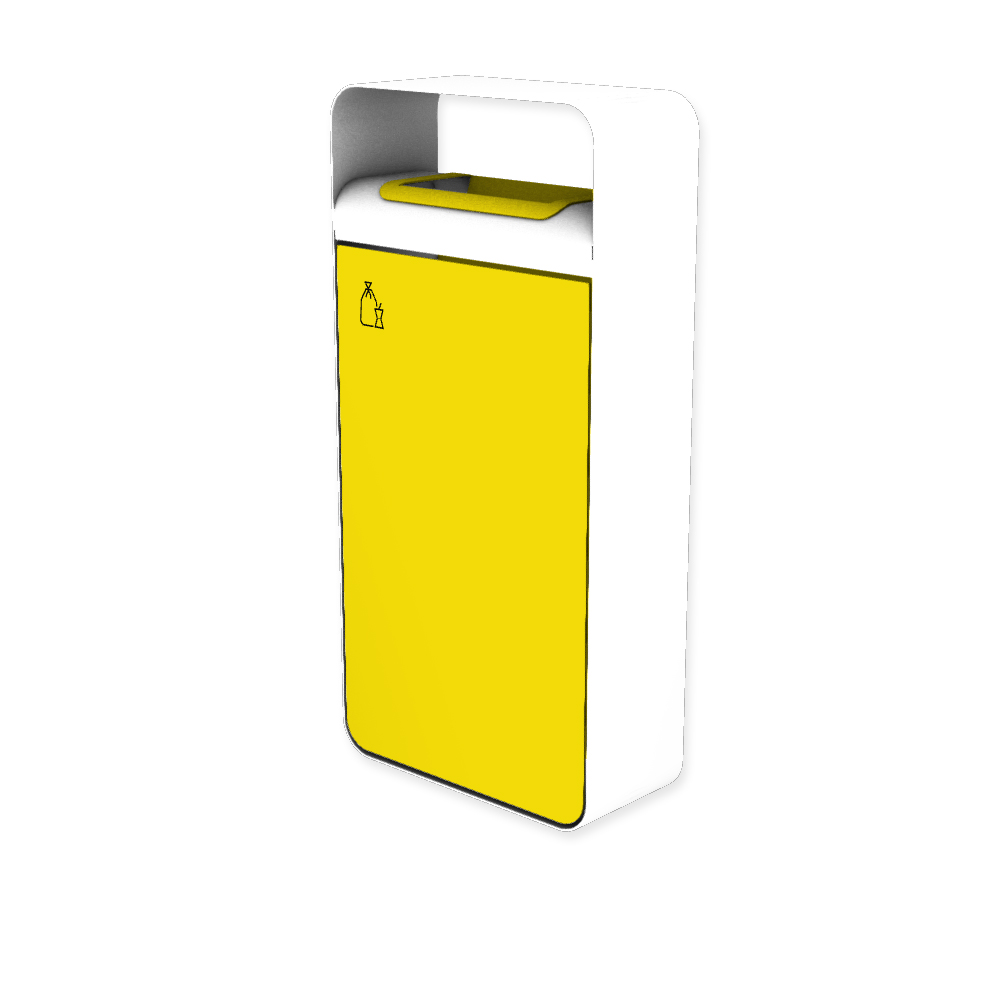 Die Abb. zeigt den EGOÉ Abfallbehälter I20 mit Piktogramm Restmüll, Dach - 60 Liter mit Piktogramm Restmüll, Farbe Rahmen Reinweiß (RAL 9010) und Farbe Korpus Rapsgelb (RAL 1021).