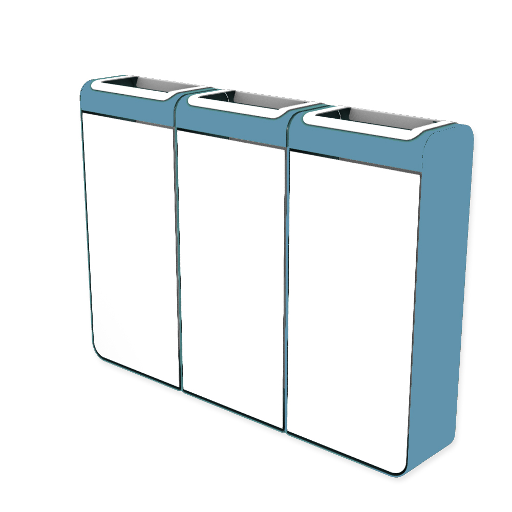 Die Abb. zeigt den EGOÉ Recycling Abfallbehälter I20 - 3x45 Liter mit Farbe Rahmen Pastellblau (RAL 5024) und Farbe Korpus Reinweiß (RAL 9010).