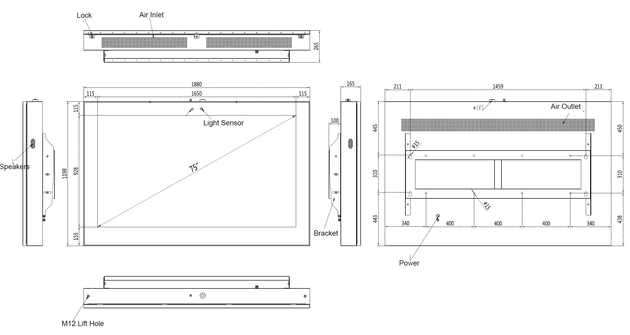 Die Abb. zeigt die Maßskizze des Outdoordisplays zur Wandmontage horizontal in 75".