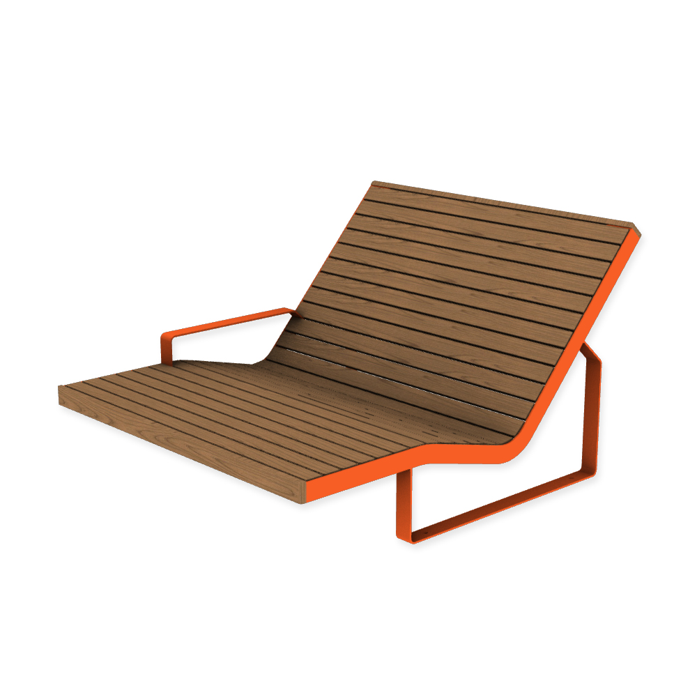 Die Abb. zeigt den EGOÉ Doppel-Liegestuhl I1 mit Armlehne rechts (aus liegender Position) in Hellrotorange (RAL 2008) mit Jatoba Natur.
