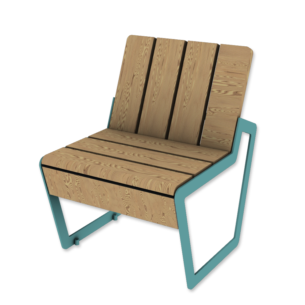 Die Abb. zeigt den Stuhl A5 aus Holz und Stahl, in Pastellblau (RAL 5024) mit Thermoesche Natur.