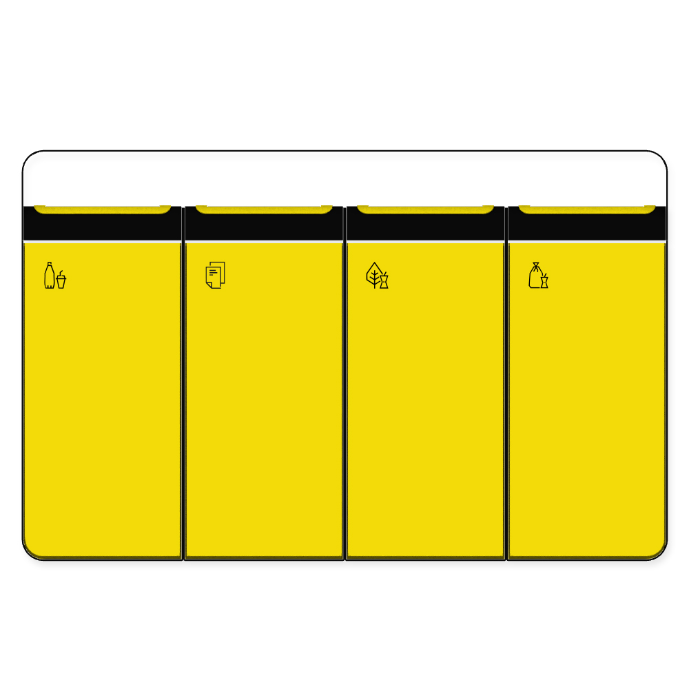 Die Abb. zeigt den EGOÉ Recycling Abfallbehälter I20 mit Piktogrammen, Dach - 4x45 Liter mit Piktogrammen, Farbe Rahmen Tiefschwarz (RAL 9005) und Farbe Korpus Rapsgelb (RAL 1021).
