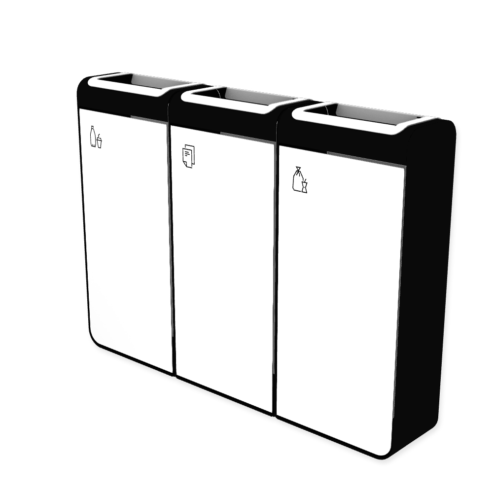 Die Abb. zeigt den EGOÉ Recycling Abfallbehälter I20 - 3x45 Liter mit Piktogrammen,  Farbe Rahmen Tiefschwarz (RAL 9005) und Farbe Korpus Reinweiß (RAL 9010).