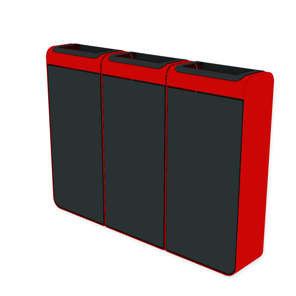 Die Abb. zeigt den EGOÉ Recycling Abfallbehälter I20 - 3x45 Liter mit Farbe Rahmen Verkehrsrot (RAL 3020) und Farbe Korpus Anthrazitgrau (RAL 7016).